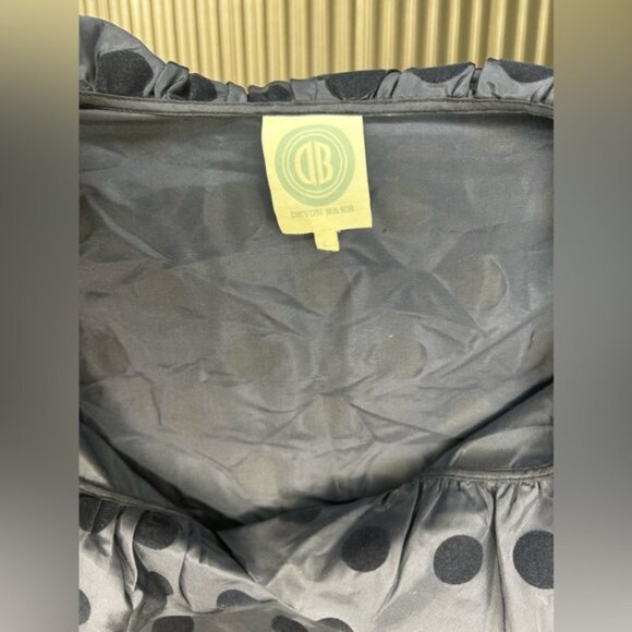 Women’s Devon Baer Navy Blue Polka Dot Silk Ruffle Long Sleeve Midi Dress Large - Picture 4 of 7